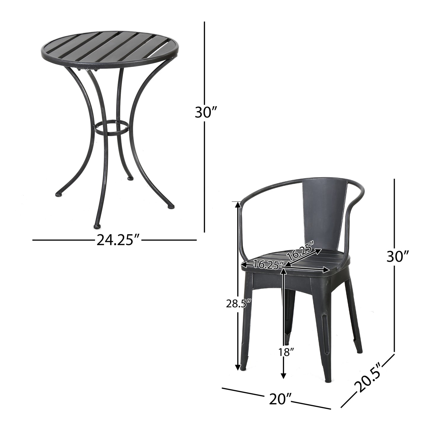 Atlanta 3-Piece Iron Bistro Patio Set black Round Table and 2 Armchairs dimension| KOSSMAI
