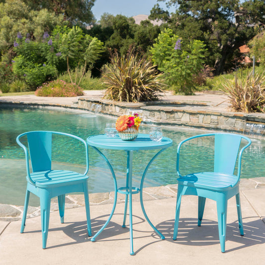 Atlanta 3-Piece Iron Bistro Patio Set Blue Round Table and 2 Armchairs Outdoor | KOSSMAI