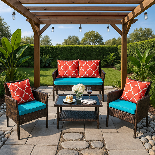 Elio 4-Piece PE Rattan Patio Set with Loveseat 2 Chairs and Coffee Table Under Pergola | KOSSMAI