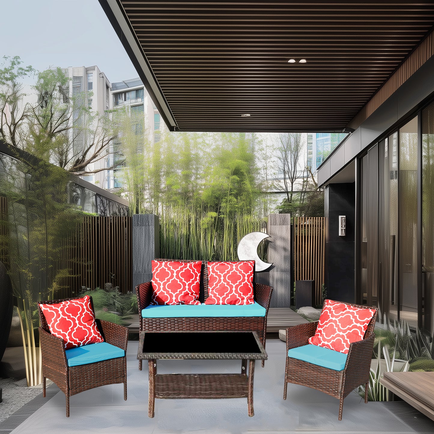Elio 4-Piece PE Rattan Outdoor Patio Furniture Set Sapphire Blue Cushions Garden Setting | KOSSMAI