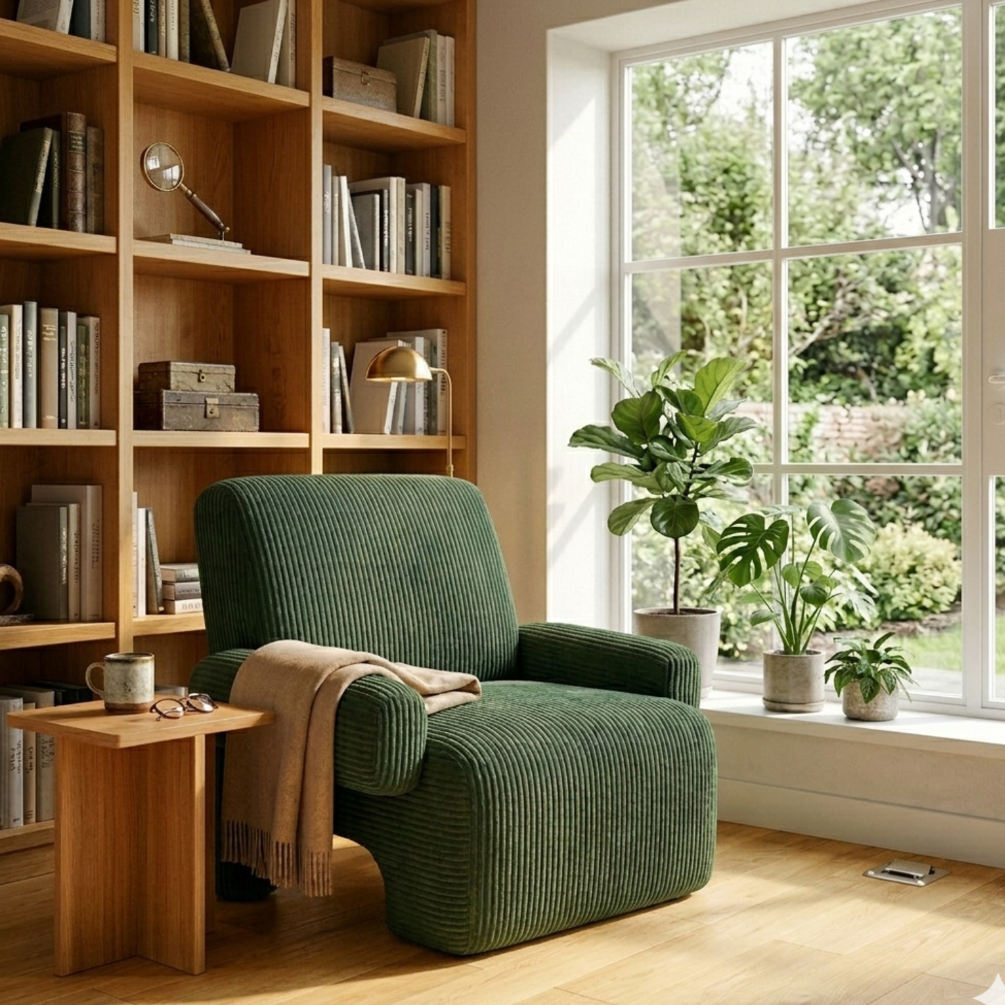 Chloe Accent Chair in Forest Green Corduroy Velvet in a sunlit study room with bookshelf – KOSSMAI