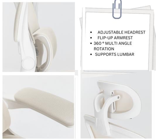Collage of a white cream office chair with adjustable features. KOSSMAI