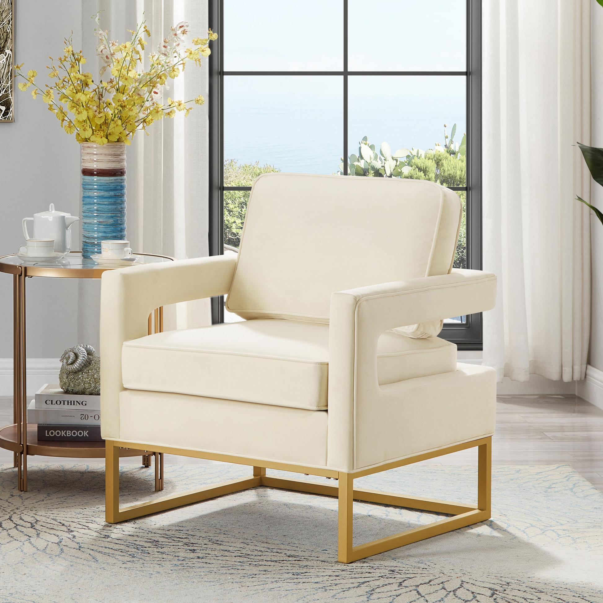 ARMCHAIR, GOLD LEGS, BEIGE