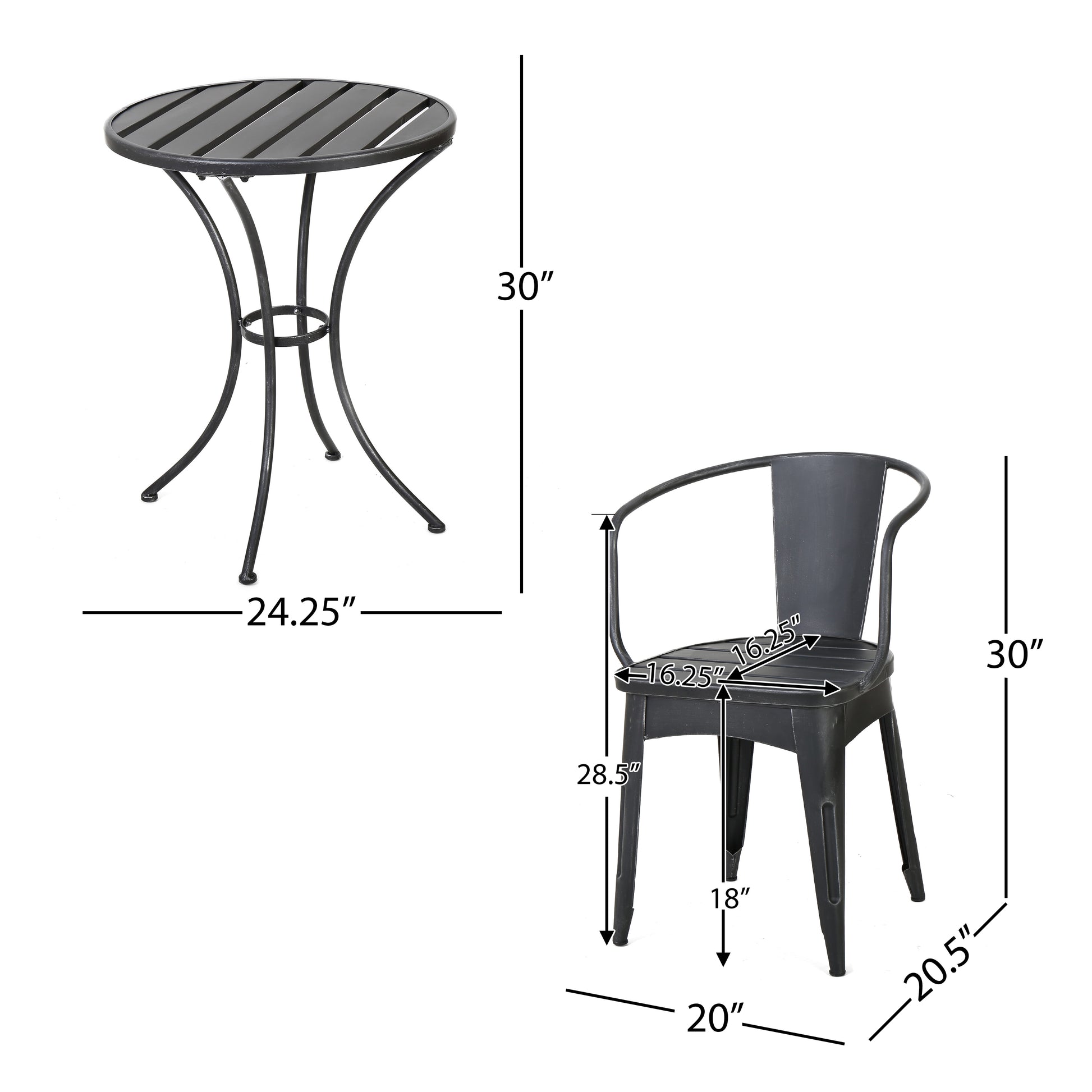 Atlanta 3-Piece Iron Bistro Patio Set black  Round Table and 2 Armchairs dimension| KOSSMAI
