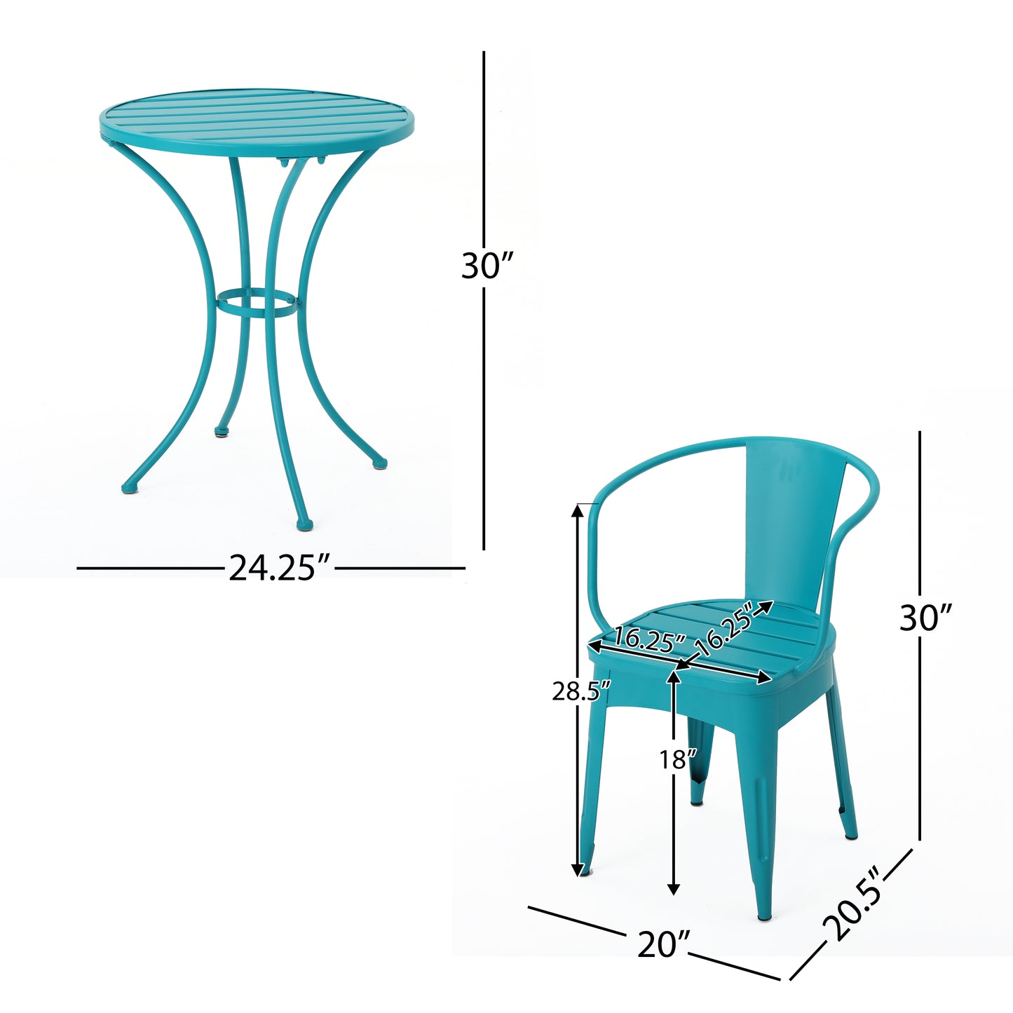 Atlanta 3-Piece Bistro Set Teal Full Dimensions Side View | KOSSMAI