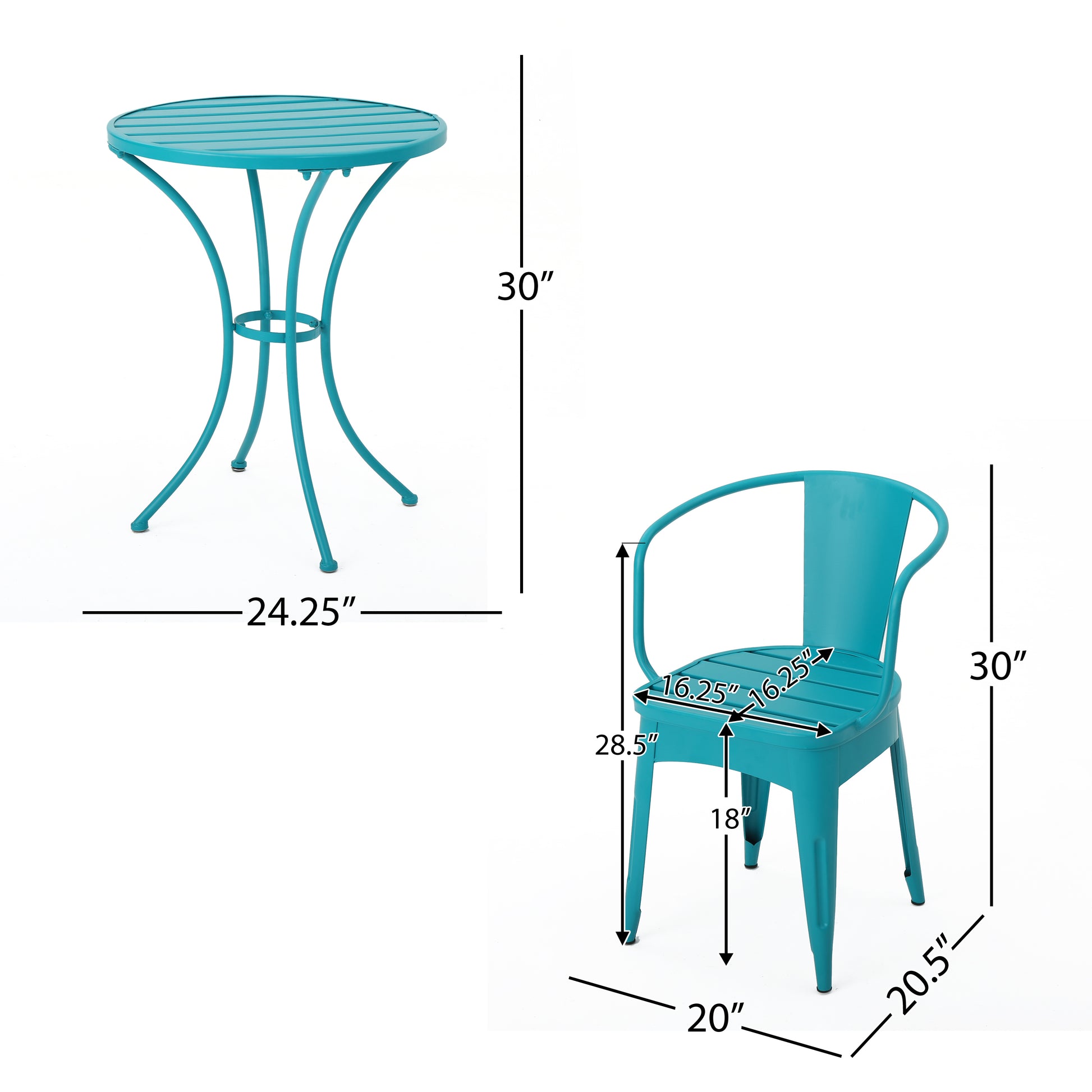 Atlanta 3-Piece Bistro Set Teal Full Dimensions Side View | KOSSMAI