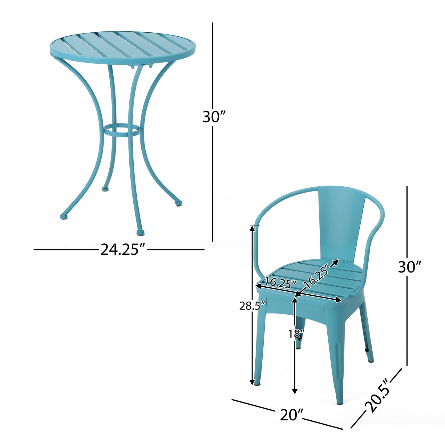 Atlanta 3-Piece Iron Bistro Patio Set blue  Round Table and 2 Armchairs dimension| KOSSMAI