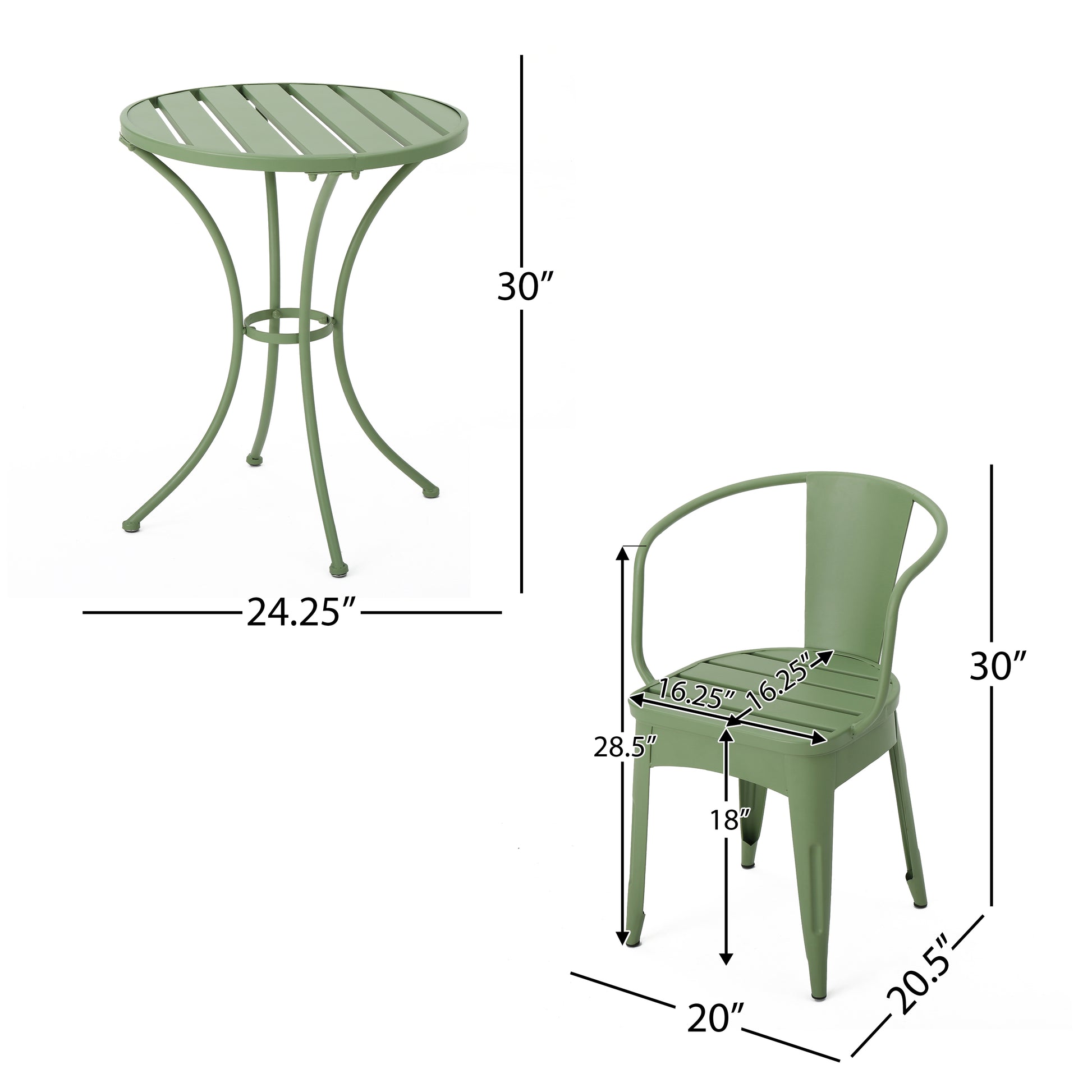 Atlanta Iron Bistro Round Table Green Slat dimension Close-Up | KOSSMAI