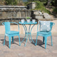 A blue 3-piece patio bistro set, consisting of two chairs and a round table, is placed on a patio with a pool and greenery in the background, KOSSMAI