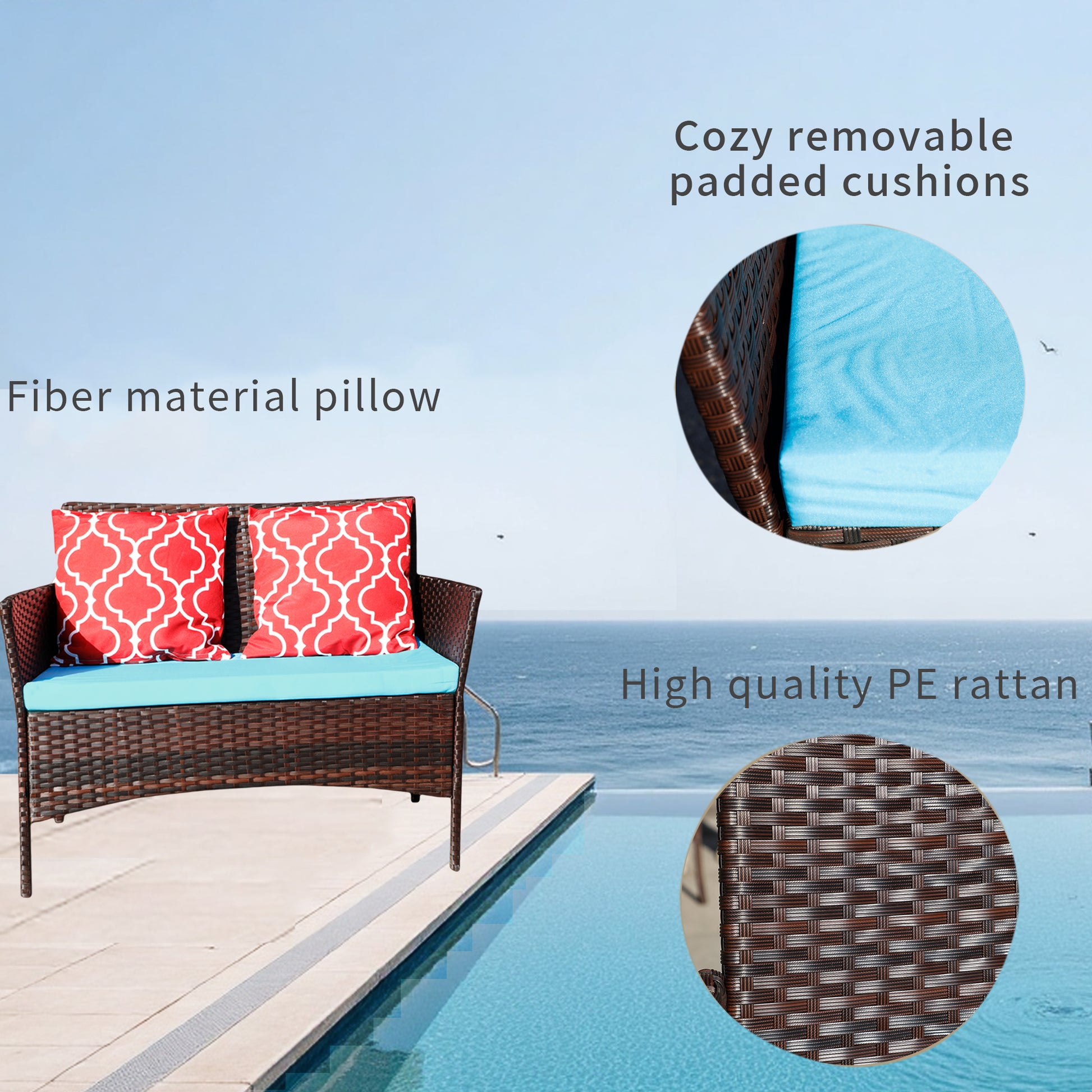 Elio Patio Loveseat by Pool Showing PE Rattan Weave Removable Cushion and Fiber Pillow Features | KOSSMAI