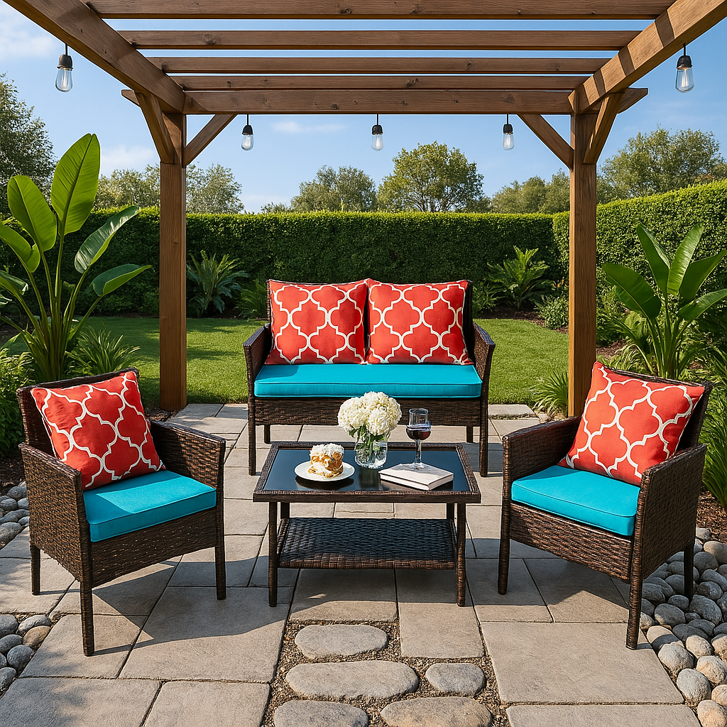 Elio 4-Piece PE Rattan Patio Set with Loveseat 2 Chairs and Coffee Table Under Pergola | KOSSMAI