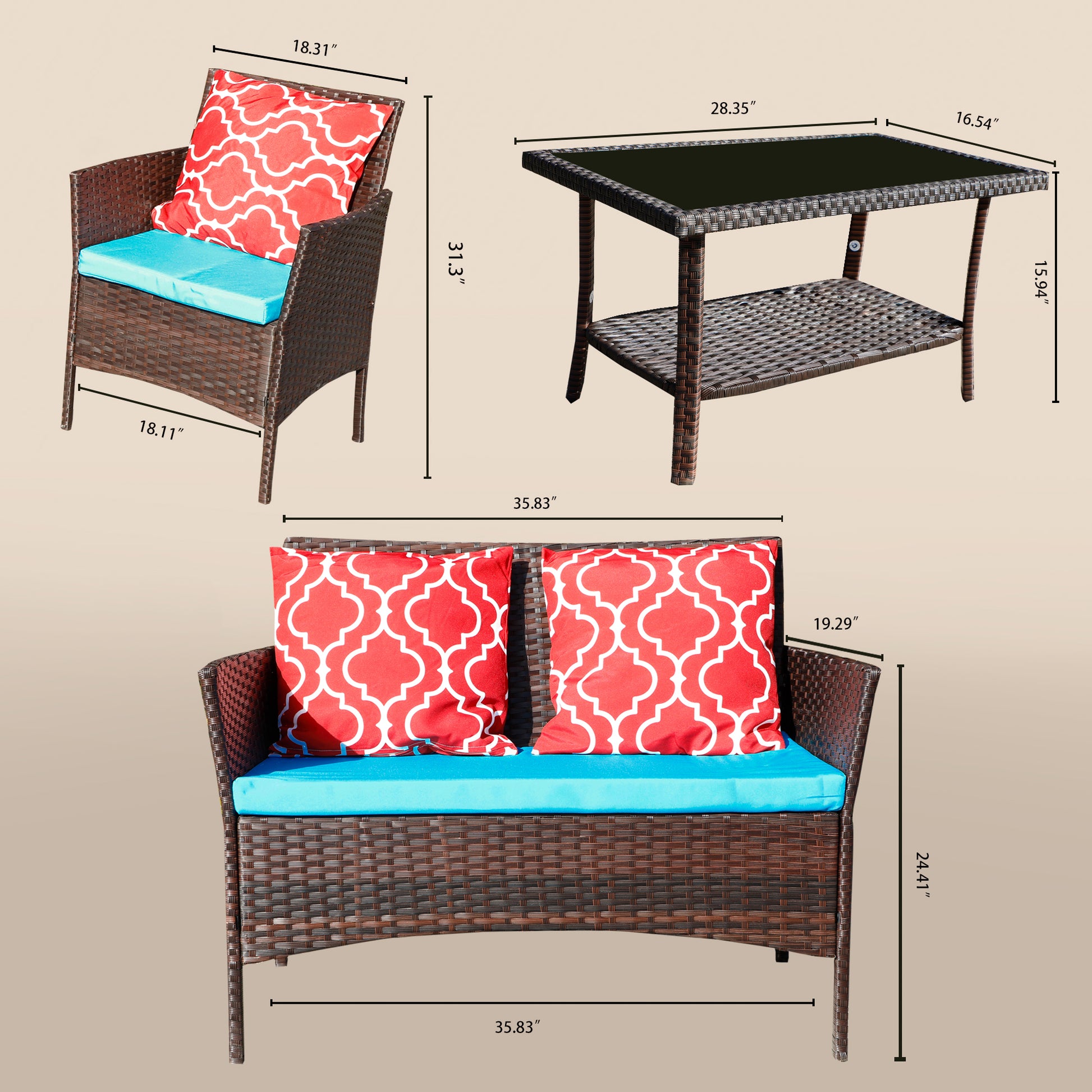 Elio 4-Piece Patio Set Dimensions – Chair 18.31x18.11x31.3 inches, Loveseat 35.83 inches, Table 28.35x16.54 inches | KOSSMAI