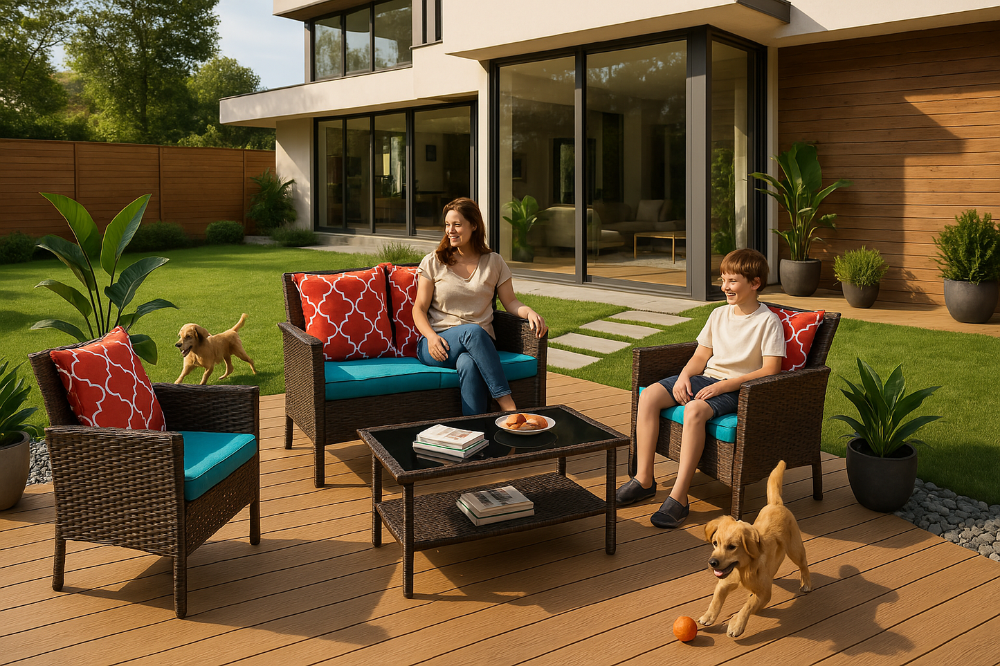Elio 4-Piece PE Rattan Patio Set with Family on Backyard Deck with Glass Doors | KOSSMAI