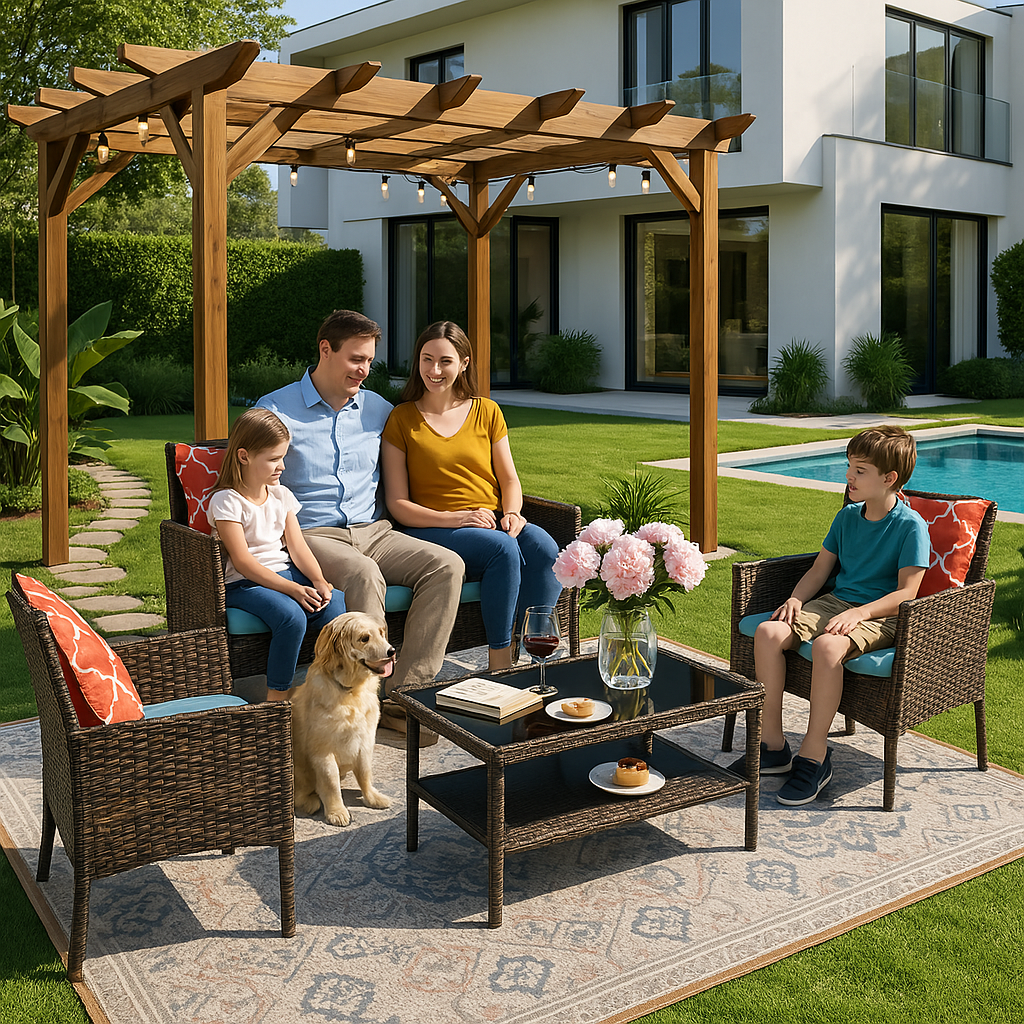 Elio 4-Piece PE Rattan Patio Set with Family Under Pergola by Pool | KOSSMAI