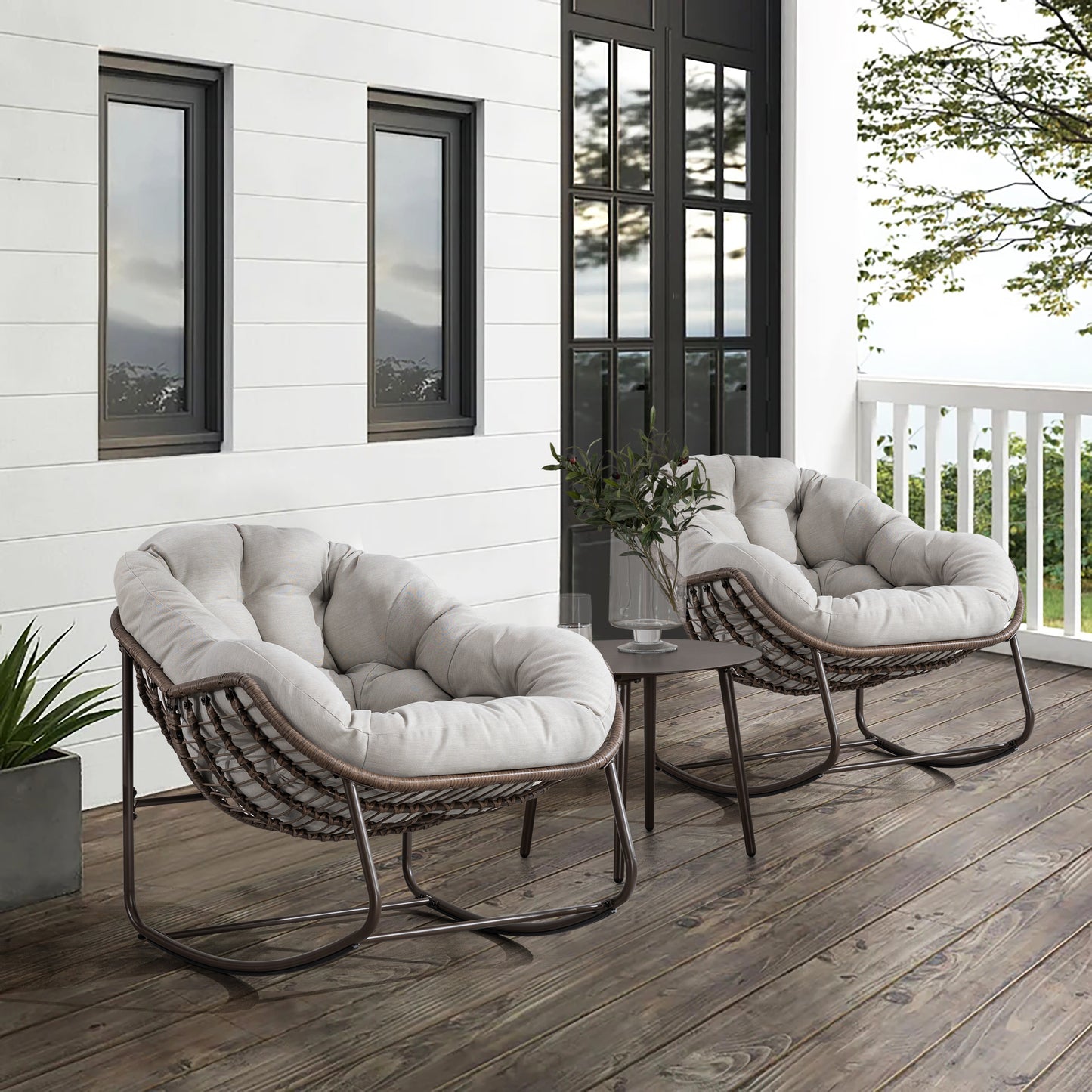 Isla Outdoor PE Rattan Rocking Chair Beige Set of 2 on Porch with Side Table | KOSSMAI
