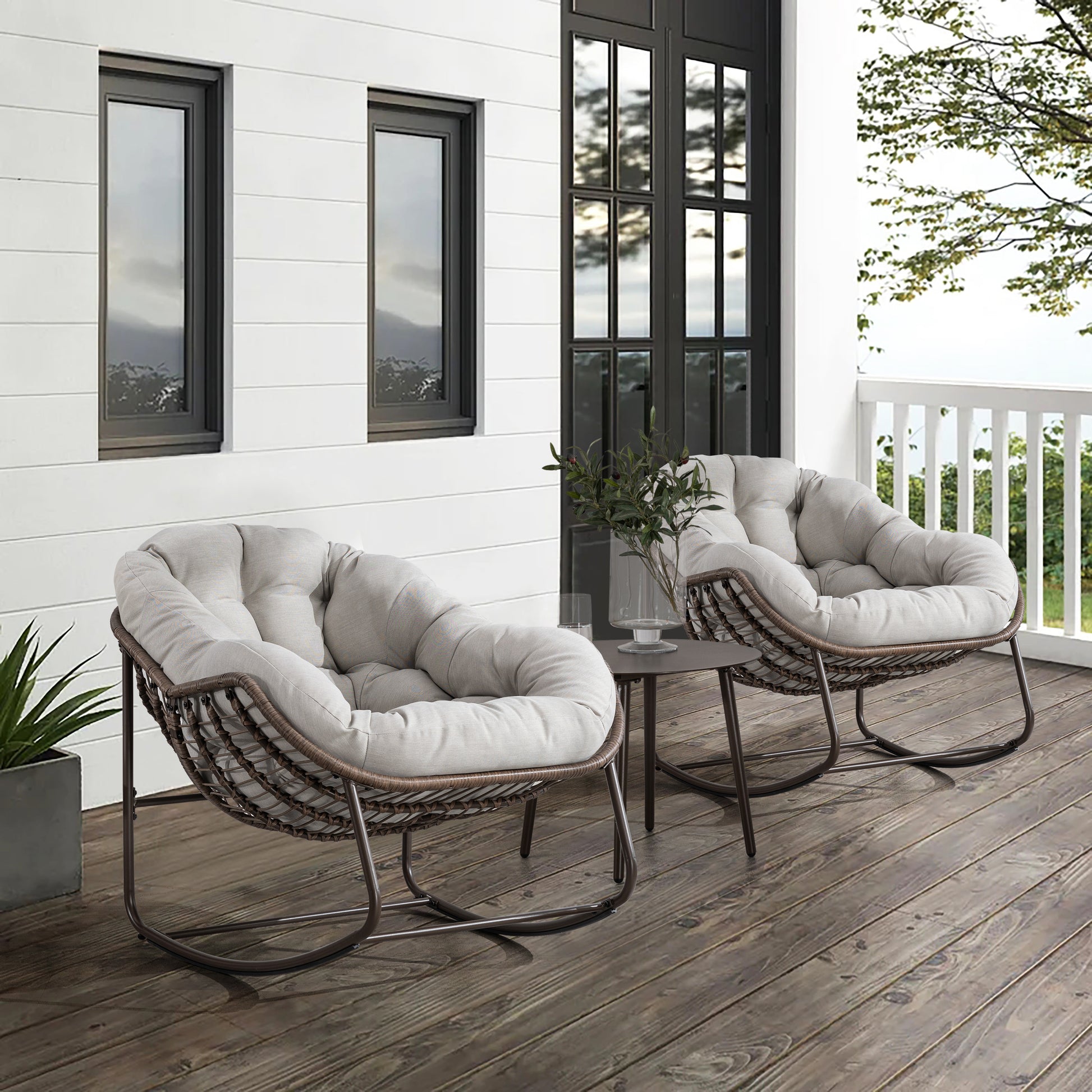 Isla Outdoor PE Rattan Rocking Chair Beige Set of 2 on Porch with Side Table | KOSSMAI