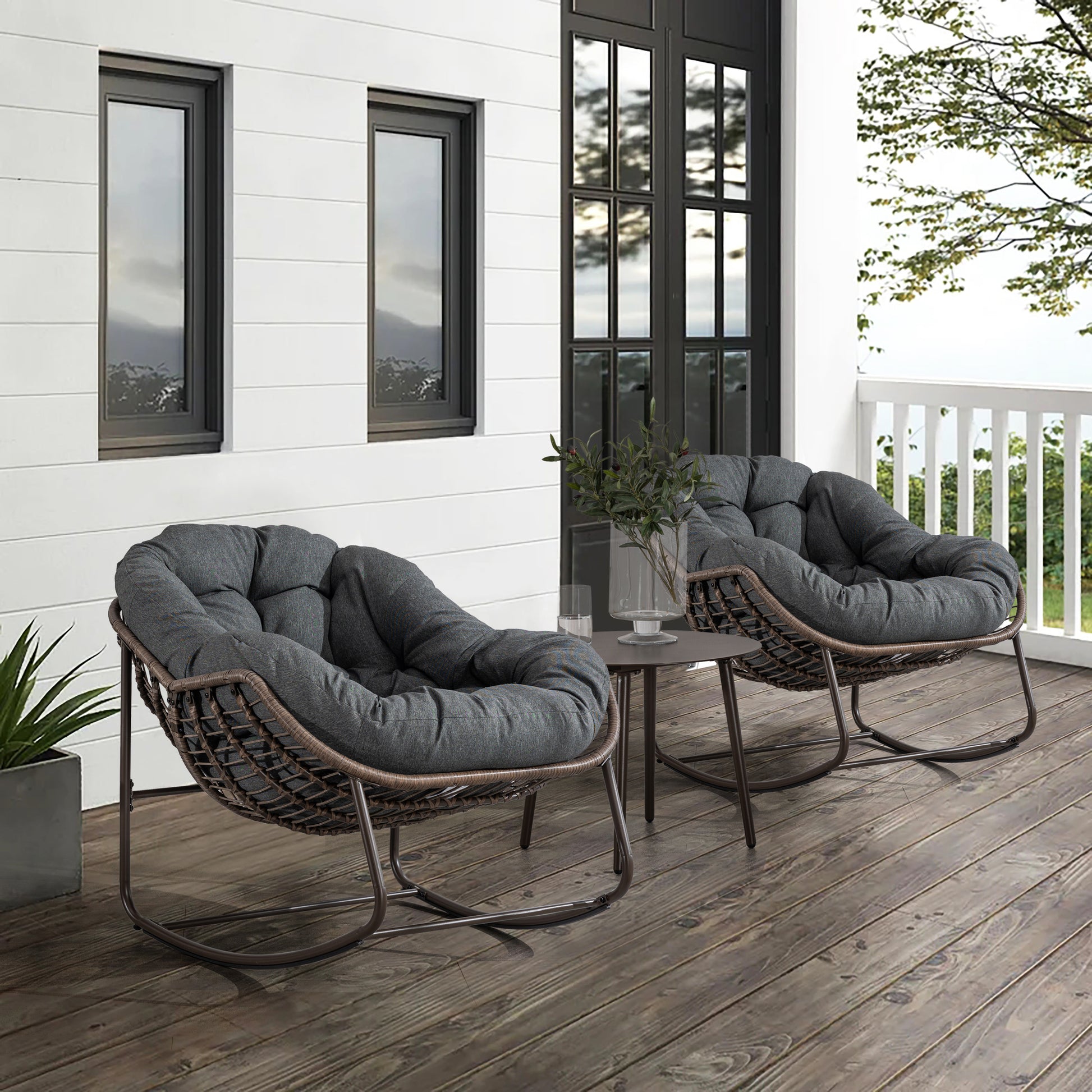 Isla Outdoor PE Rattan Rocking Chair Gray Set of 2 on Porch with Side Table | KOSSMAI