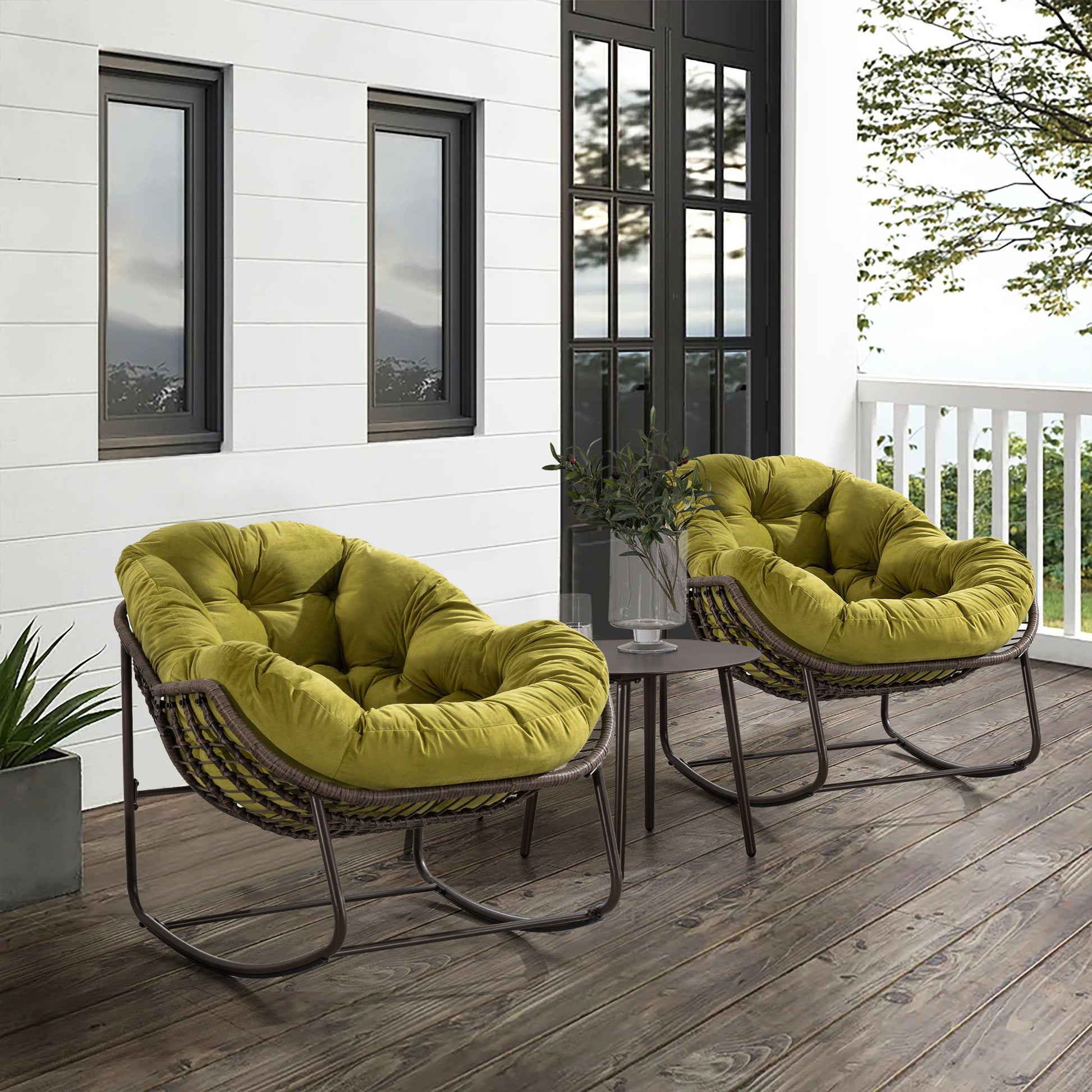 Isla Outdoor PE Rattan Rocking Chair Olive Green Set of 2 on Porch with Side Table | KOSSMAI