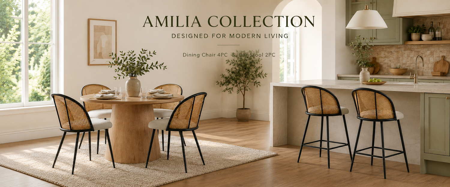 Modern kitchen and dining area with 'Amilia Collection' furniture.rattan, dining chair, bar stool