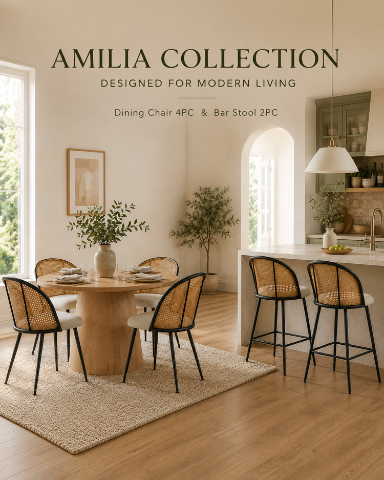 Dining area with Amilia Collection chairs and table, featuring modern living design. set of 4 dining chairs, set of 2 bar stool