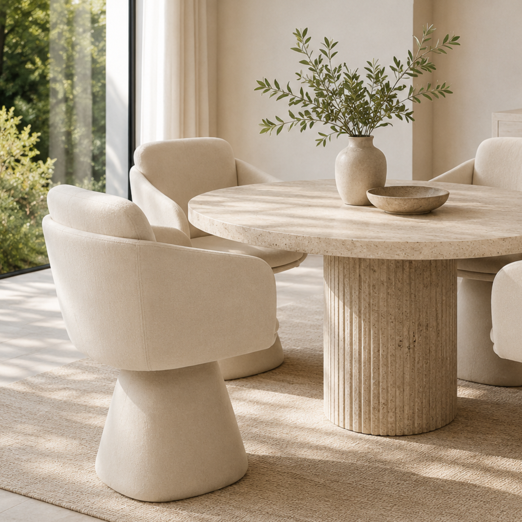 A modern dining room scene featuring a round stone table with a fluted pedestal base, surrounded by upholstered cream chairs. A beige ceramic vase with green branches and a small bowl sit on the table, set on a textured rug in front of a large window.