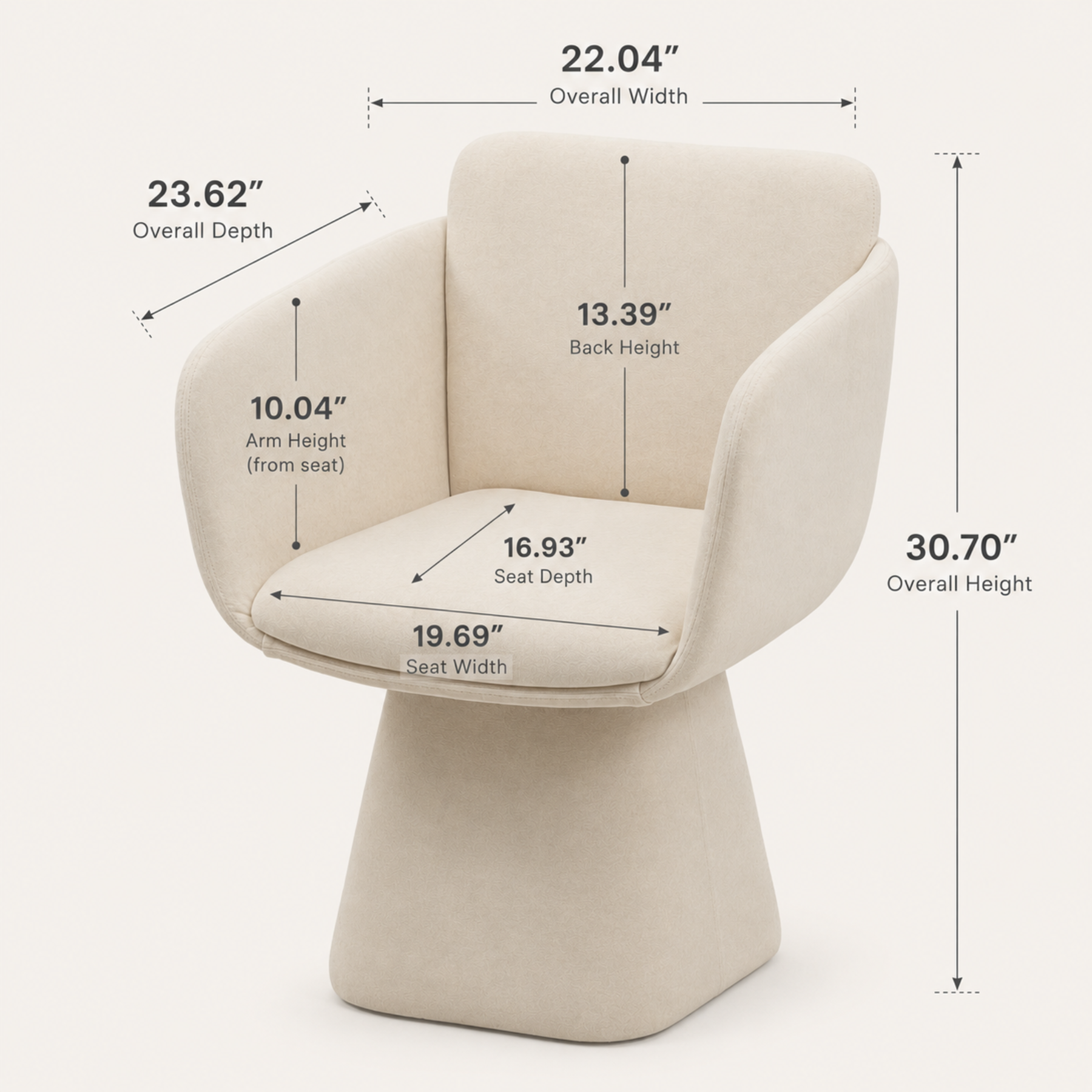 A beige upholstered armchair shown with overlaid dimension arrows and labels for overall width, overall depth, back height, arm height, seat depth, seat width, and overall height on a light neutral background.
