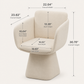 A beige upholstered armchair shown with overlaid dimension arrows and labels for overall width, overall depth, back height, arm height, seat depth, seat width, and overall height on a light neutral background.