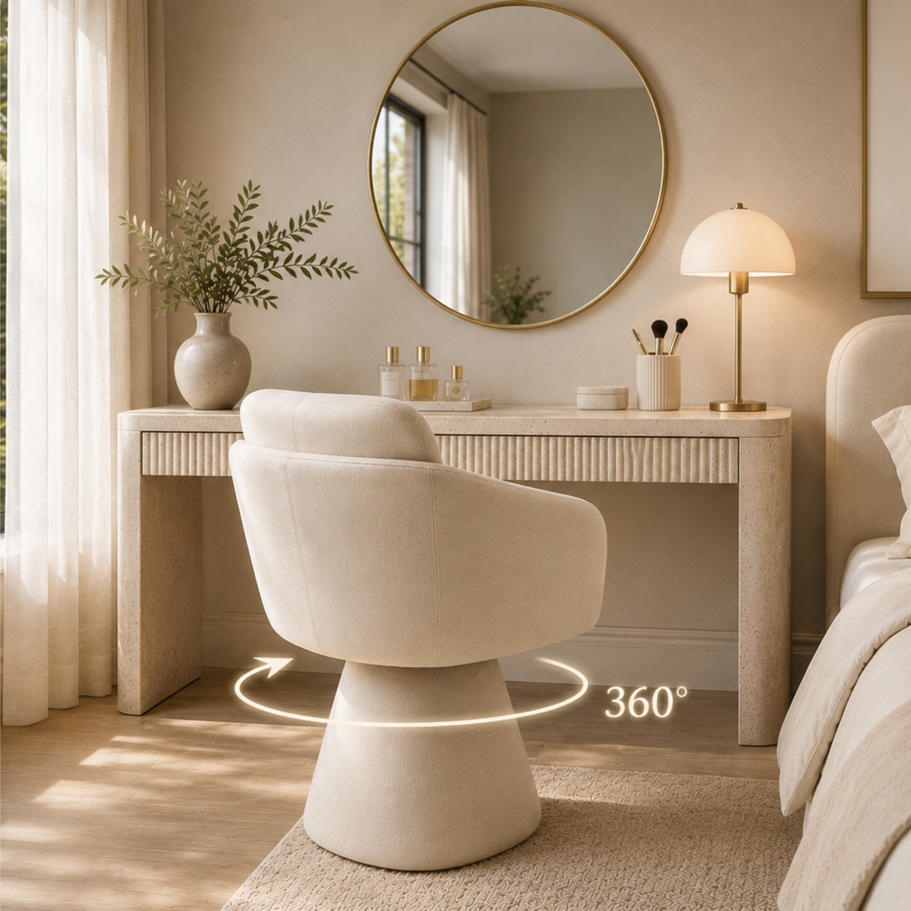 A cream-colored upholstered swivel desk chair with a circular base, shown in a styled bedroom or home office setting. A glowing graphic overlay indicates a 360-degree rotation capability.