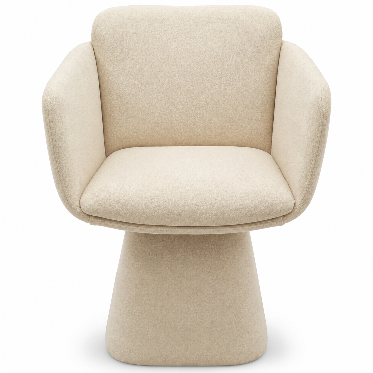 A modern upholstered accent chair with a rounded, bucket-style seat, wide armrests, and a sculptural pedestal base, upholstered in a textured cream-beige fabric.