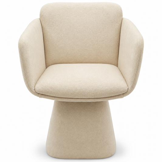 A modern upholstered accent chair with a rounded, bucket-style seat, wide armrests, and a sculptural pedestal base, upholstered in a textured cream-beige fabric.