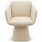 A modern upholstered accent chair with a rounded, bucket-style seat, wide armrests, and a sculptural pedestal base, upholstered in a textured cream-beige fabric.