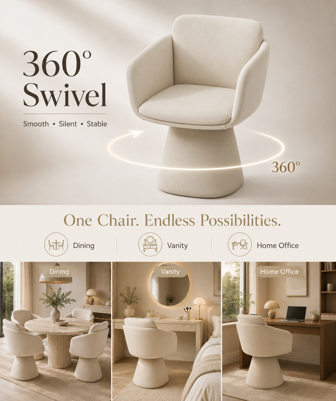 An upholstered swivel armchair in a warm cream or off-white fabric, shown prominently in a clean interior-style graphic with text reading '360° Swivel' and 'One Chair. Endless Possibilities.