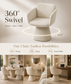 An upholstered swivel armchair in a warm cream or off-white fabric, shown prominently in a clean interior-style graphic with text reading '360° Swivel' and 'One Chair. Endless Possibilities.