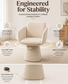 An infographic-style product image for a cream upholstered pedestal swivel chair. The top half shows the chair in a styled room with callout icons and text describing features like 300 lbs capacity, wide support base, smooth 360° swivel, and stable everyday seating.