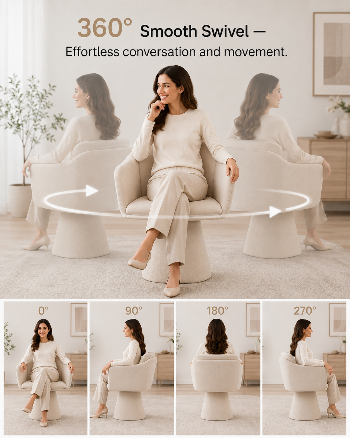 An electric swivel lounge chair shown in a bright living room setting with a woman seated in the center, plus three side views demonstrating the 360° swivel motion. Text at the top reads '360° Smooth Swivel — Effortless conversation and movement.