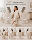 An electric swivel lounge chair shown in a bright living room setting with a woman seated in the center, plus three side views demonstrating the 360° swivel motion. Text at the top reads '360° Smooth Swivel — Effortless conversation and movement.