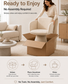 A woman in a beige sweater is lifting a cream upholstered swivel chair out of a large cardboard box in a bright living room. Text at the top reads 'Ready to Enjoy No Assembly Required' and the bottom shows three step icons for Unbox, Place Anywhere, and Relax with the tagline 'No Tools.