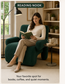 A woman sits in a dark teal corduroy armchair reading a green book in a cozy, sunlit room with a bookshelf, floor lamp, and side table. Text at the top reads 'READING NOOK' and text at the bottom says, 'Your favorite spot for books, coffee, and quiet moments.