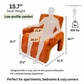 An informational product graphic showing an orange upholstered armchair with overlaid dimensions and a semi-transparent human silhouette to communicate seat height, width, depth, and load-bearing capacity on a white background.