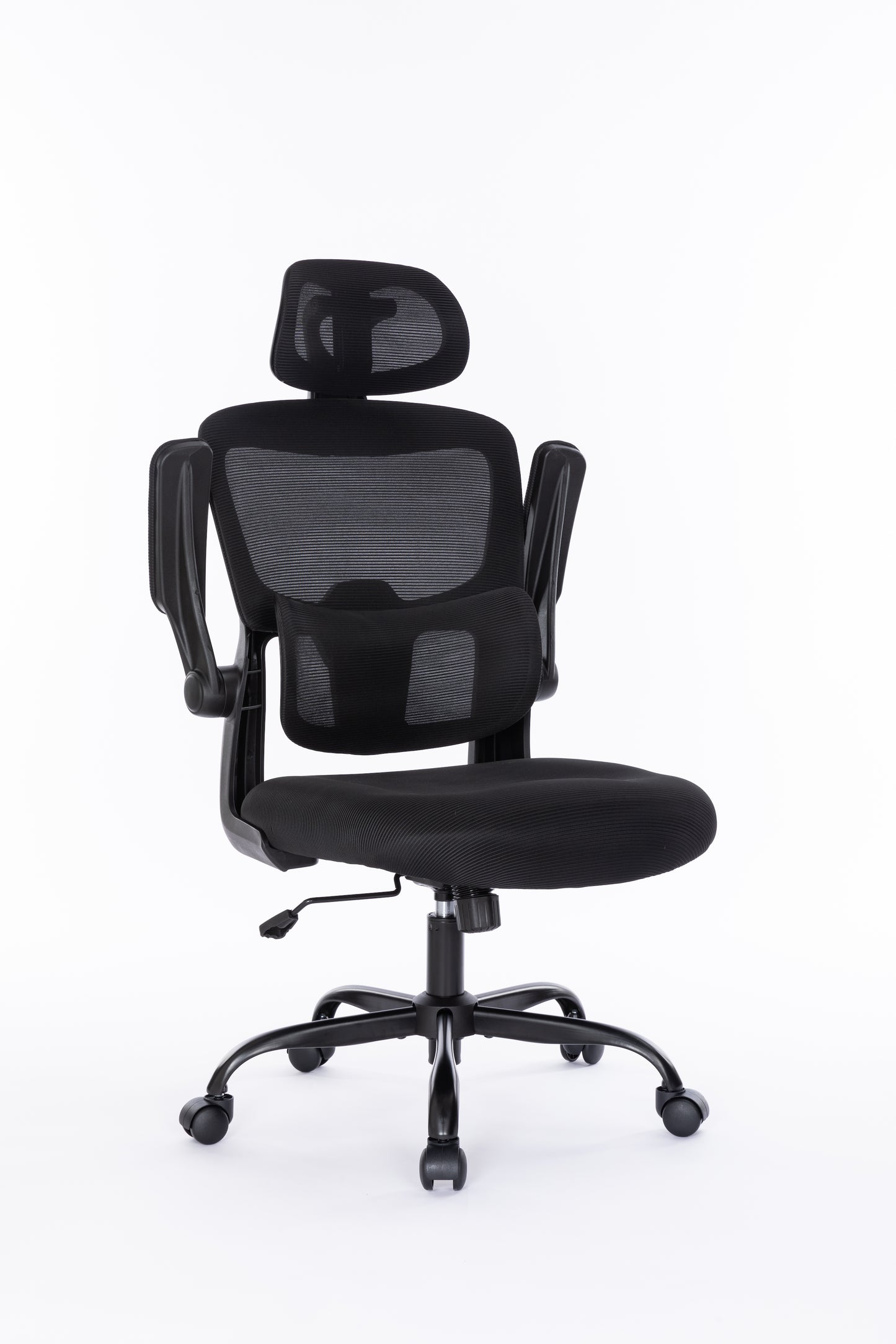 Black office chair with headrest on a white background.KOSSMAI