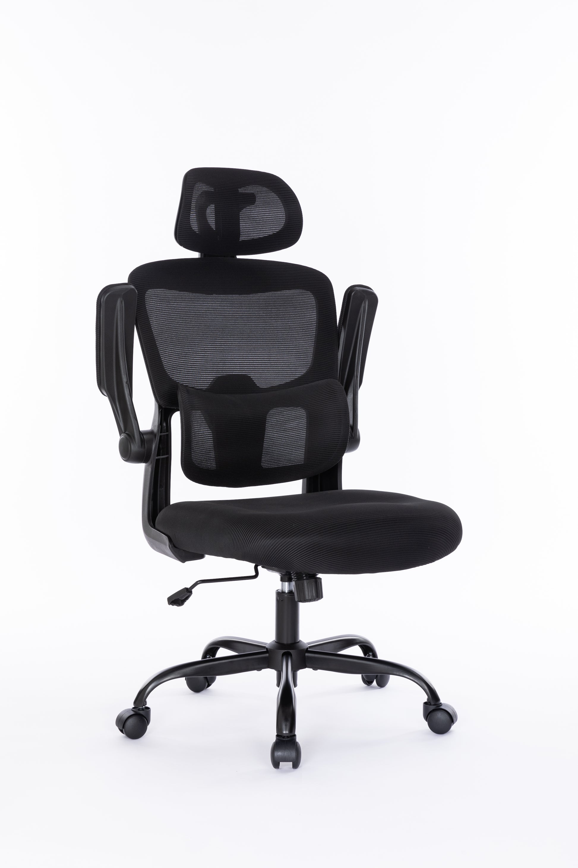 Black office chair with headrest on a white background.KOSSMAI
