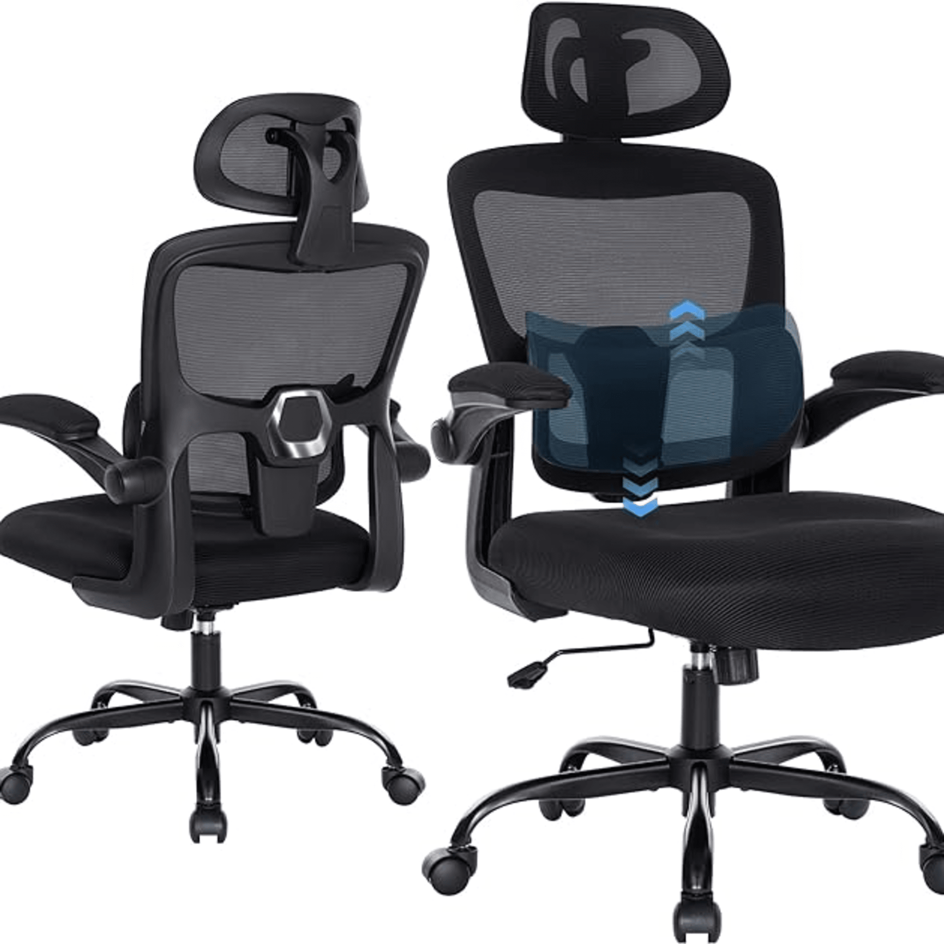 Daphne Office Chair in Black – front and back view showing lumbar support.KOSSMAI