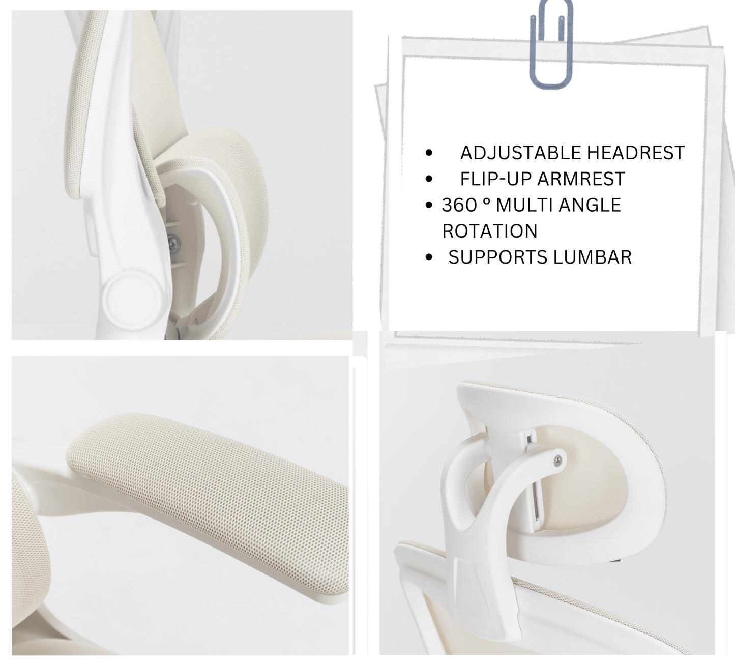 Collage of a white cream office chair with adjustable features. KOSSMAI