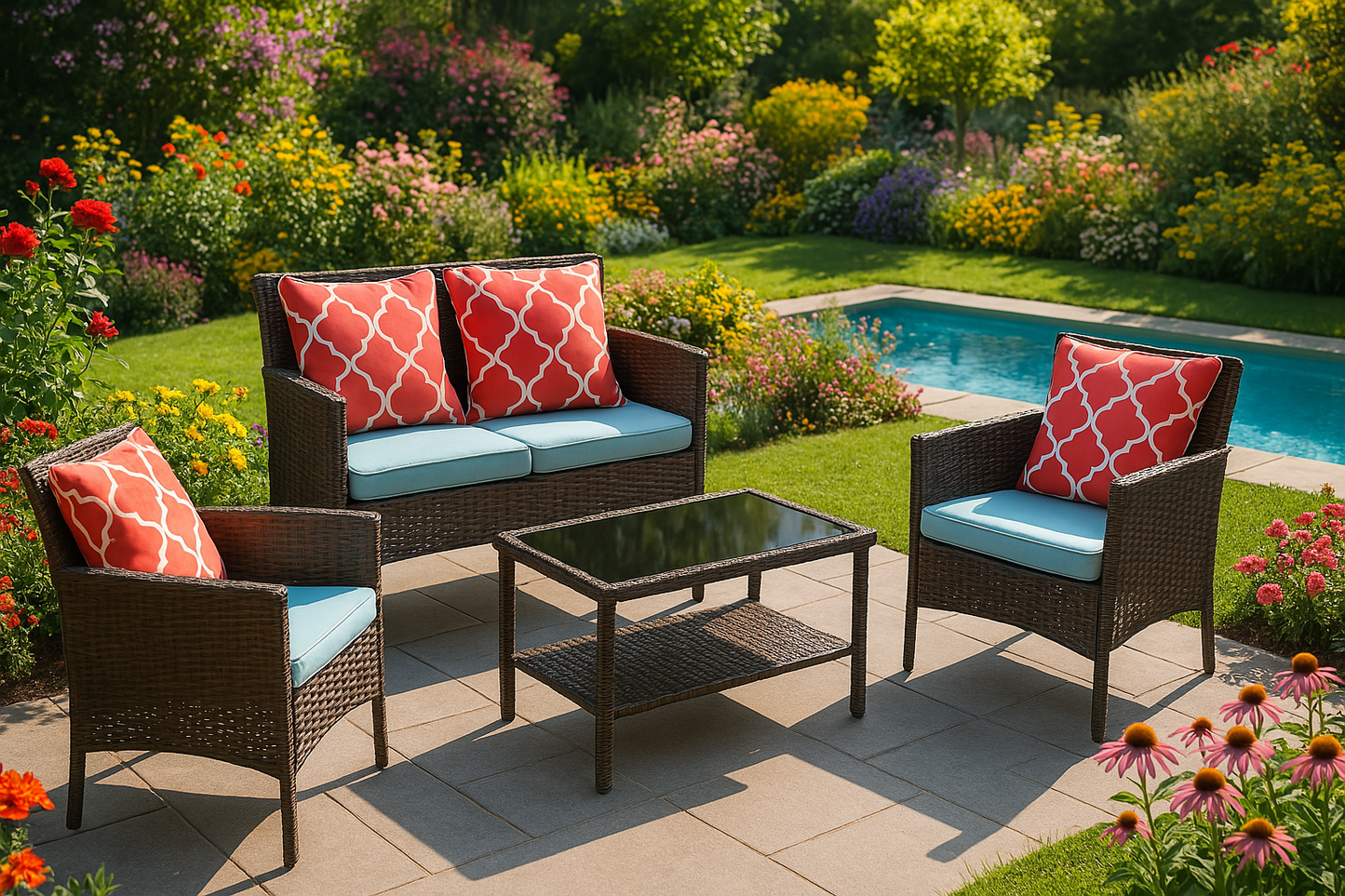 Elio 4-Piece PE Rattan Patio Set with Loveseat 2 Armchairs and Glass Coffee Table by Pool with Flowers | KOSSMAI