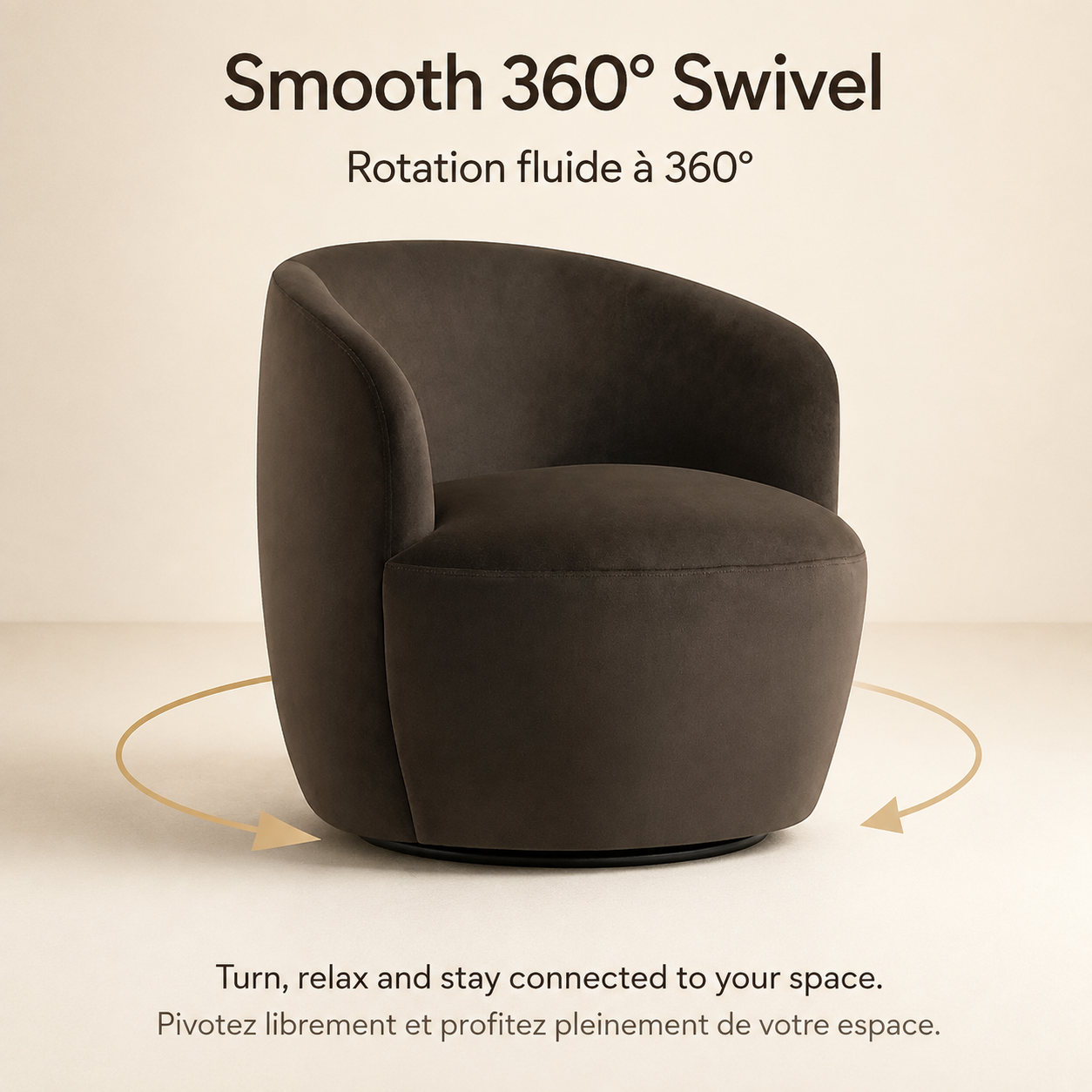 A dark brown velvet swivel armchair shown on a light beige background with French and English text describing its smooth 360-degree swivel feature, plus gold circular arrows indicating rotation. KOSSMAI