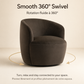 A dark brown velvet swivel armchair shown on a light beige background with French and English text describing its smooth 360-degree swivel feature, plus gold circular arrows indicating rotation. KOSSMAI