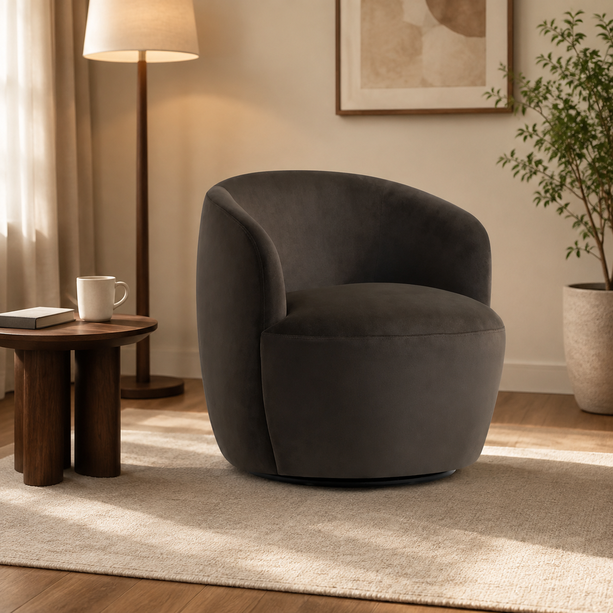 A dark gray velvet swivel armchair in a cozy, modern living room setting with a wooden side table, floor lamp, and potted plant.KOSSMAI