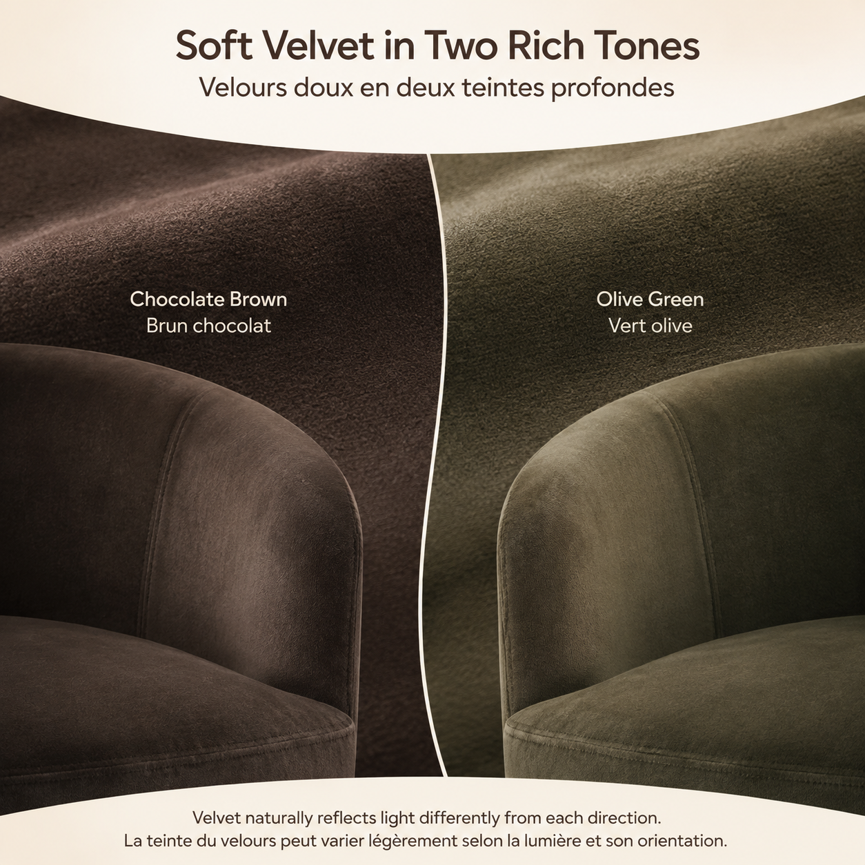 A fabric color comparison graphic showing two velvet upholstery options: Chocolate Brown on the left and Olive Green on the right. The top text reads 'Soft Velvet in Two Rich Tones' with French translation, and the bottom text explains that velvet reflects light differently depending on the direction. KOSSMAI