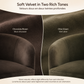 A fabric color comparison graphic showing two velvet upholstery options: Chocolate Brown on the left and Olive Green on the right. The top text reads 'Soft Velvet in Two Rich Tones' with French translation, and the bottom text explains that velvet reflects light differently depending on the direction. KOSSMAI