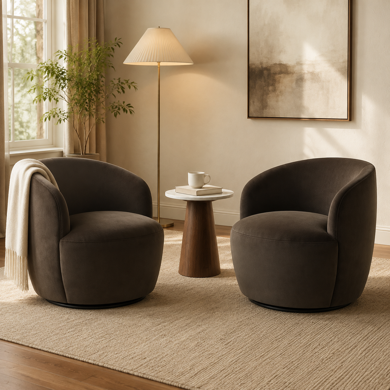 Two dark brown upholstered accent chairs in a styled living room setting with a small wooden side table, floor lamp, plant, and framed wall art. KOSSMAI